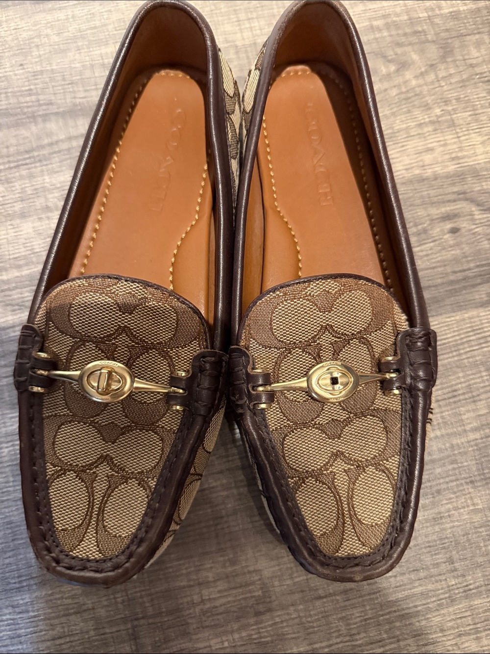 Coach Brown Signature Canvas Loafers with Gold Turnlock